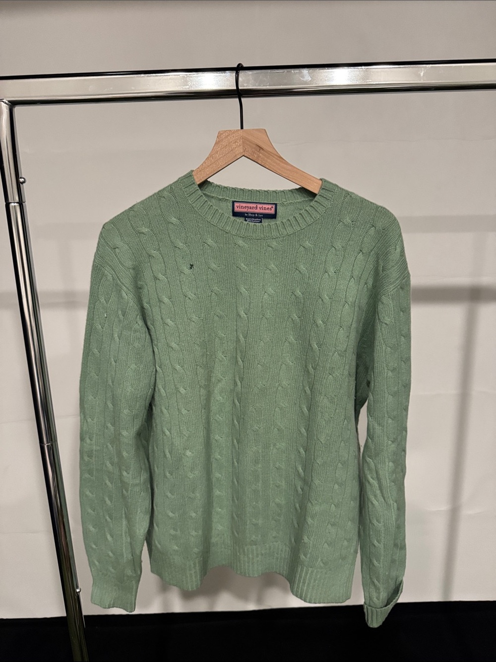 Vineyard Vines Men’s Pale Green Cable Knit Crewneck Sweater Cashmere